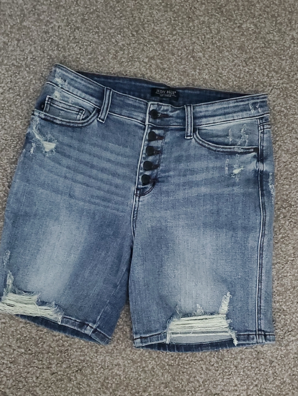 Judy Blue Medium Blue Distressed Button-Fly Denim Shorts